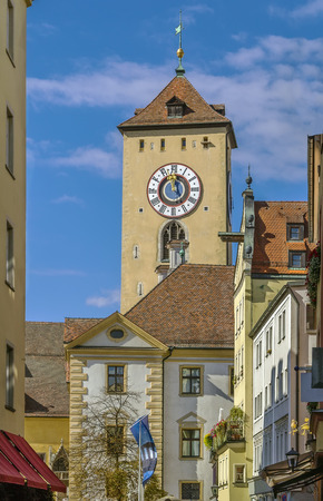 view of Town hall tower in Regensburg old town, Germanyの写真素材