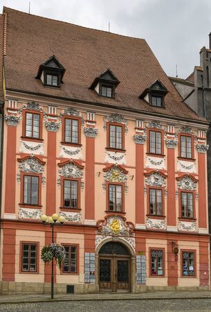historic houses on main market square in Cheb, Czech republicの写真素材