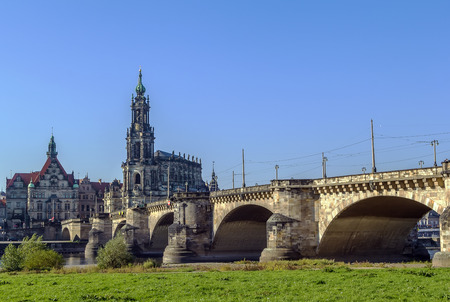 The Augustus Bridge is the oldest bridge in the city of Dresden, in the state Saxony in Germanyの写真素材