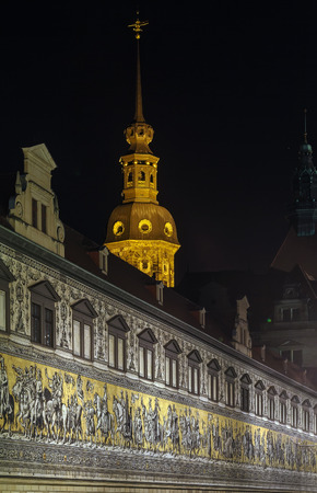 Furstenzug (English: Procession of Princes) at night in Dresden, Saxony,Germanyのeditorial素材