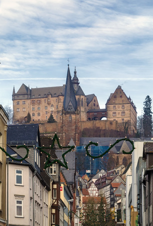 view of Marburg with castle on hill, Germanyのeditorial素材