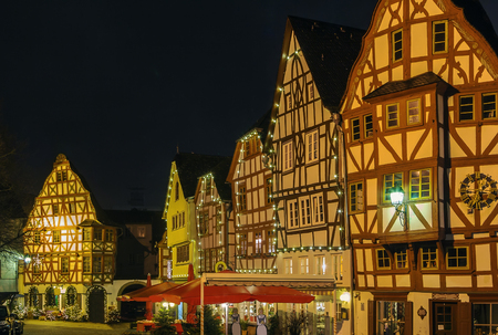 street  with half-timbered houses in Limburg old town at night, Germanyのeditorial素材