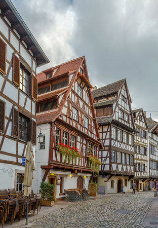 Street with historical half-timbered houses in Petite France district in Strasbourg, Franceの写真素材