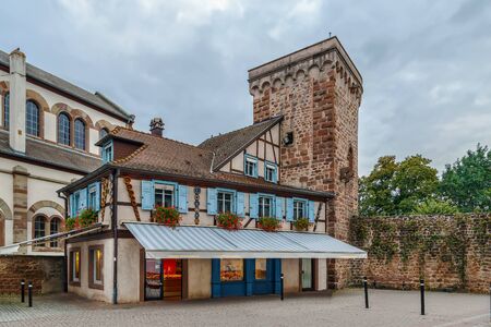 View of Defensive Wall and  historical house in Obernai, Alsace, Franceの写真素材