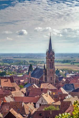 View of  Dambach la Ville from the hill with vineyard, Alsace, Franceの写真素材