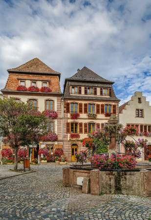 Square with fountain in Bergheim, Alsace, Franceの写真素材