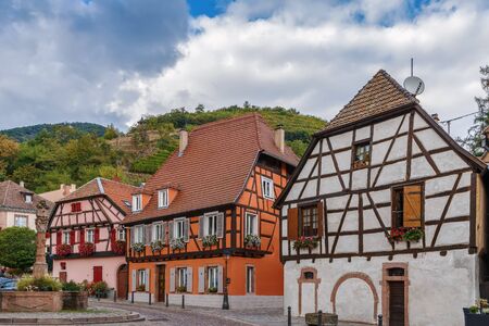 Street with historical houses in Ribeauville, Alsace, Franceの写真素材