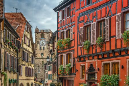 Street with historical houses in Ribeauville, Alsace, Franceの写真素材
