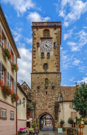 Historical Clock tower gate in Ribeauville, Alsace, Franceの写真素材