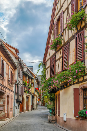 Street with historical houses in Ribeauville, Alsace, Franceの写真素材