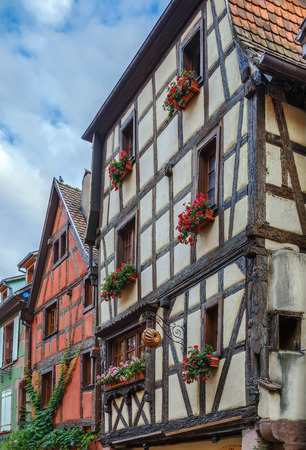street with historical houses in Riquewihr, Alsace, Franceの写真素材