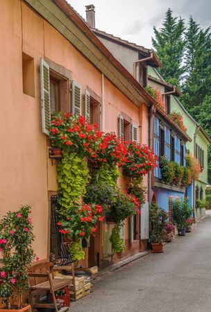 Street with historical houses in Kaysersberg, Alsace, Franceの写真素材