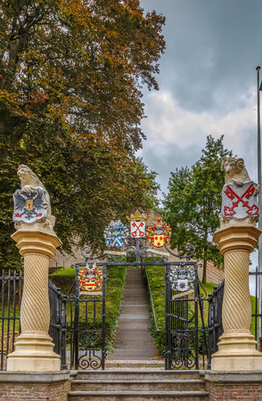 The Burcht van Leiden (Fort of Leiden) is an old shell keep in Leiden constructed in the 11th century. Netherlands. Iron gate at base of the hill, 1653のeditorial素材