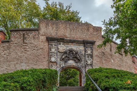 The Burcht van Leiden (Fort of Leiden) is an old shell keep in Leiden constructed in the 11th century. Netherlands. Portal in the keep wall at the top of the steps, by Verhulst, 1658のeditorial素材