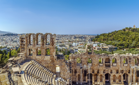 The Odeon of Herodes Atticus is a stone theatre structure located on the southwest slope of the Acropolis of Athens, Greeceの写真素材