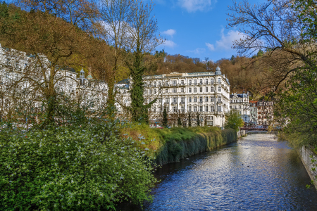 View of Tepla river with Grandhotel Pupp in Karlovy Vary; Czech republicの写真素材