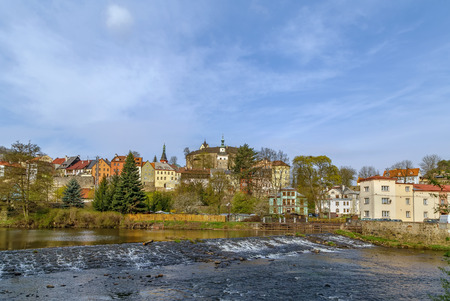 View of Loket city from  Ohre river, Czech republicの写真素材