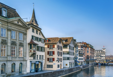 Embankment of Limmat river  in Zurich historical center, Switzerlandのeditorial素材