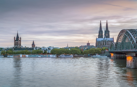 View of Historic center of Cologne with Hohenzollern Bridge from Rhein river, Germanyのeditorial素材