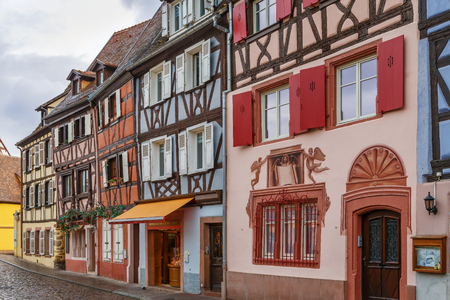 Embankment of  Lauch River with historical houses in Colmar, Alsace, Franceのeditorial素材