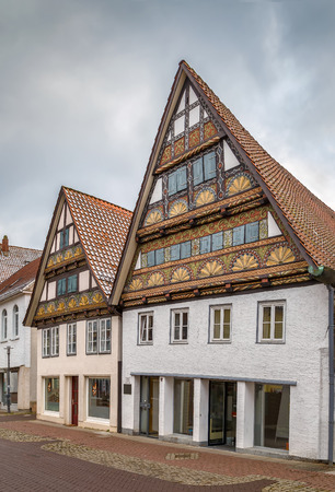 Street with decorative half-timbered houses in Lemgo city center, Germanyのeditorial素材