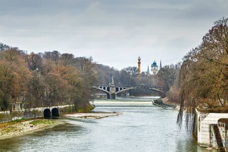 Landscape with Isar river in Munich in winter, Germany