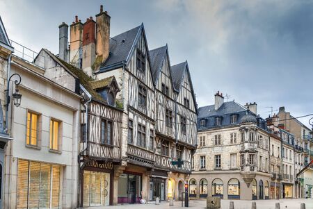 Street with historical half-timbered houses in Dijon, Franceの写真素材