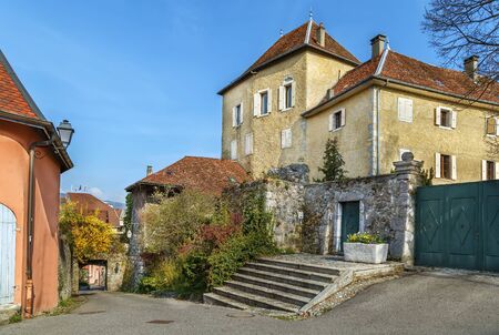 Street with historical houses in La Roche-sur-Foron, Franceの写真素材
