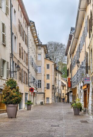 Street with historical houses in Chambery city center, Franceの写真素材
