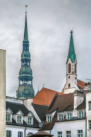 View Riga old town with St. Peter Church tower, Latviaの写真素材