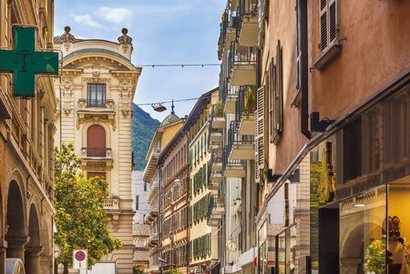 Street with historical houses in Lugano downtown, Switzerlandの写真素材
