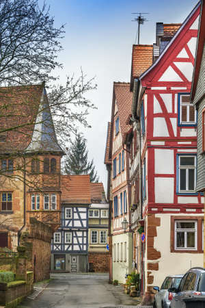 Street with historical half-timbered house in Budingen, Hesse, Germanyのeditorial素材