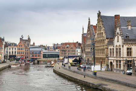 The Graslei (Lys river embankment) is one of the most scenic places in Ghent old city center, Belgiumの写真素材