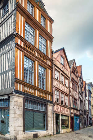 Street in historical center of Rouen with half-timbered houses, Franceの写真素材