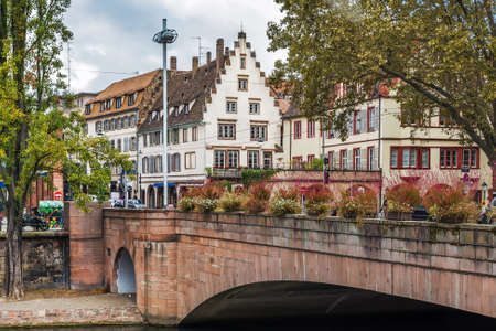 Street with bridge in Strasbourg city center, Franceのeditorial素材