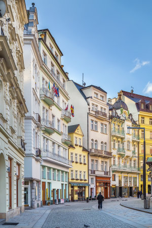 Street in Karlovy Vary city center, Czech republicの写真素材