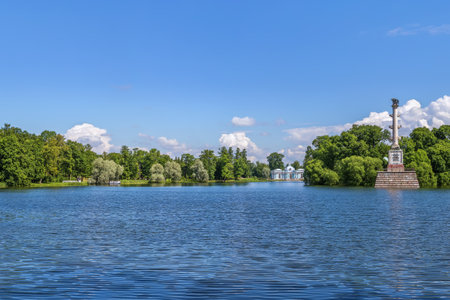 View of the Great Pond with Chesme Columnv in Catherine Park, Tsarskoye Selo, Russiaのeditorial素材