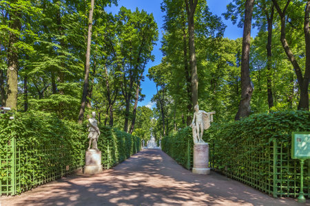 Alley with sculpture in Summer Garden, Saint Petersburg, Russiaのeditorial素材