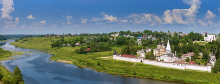 Landscape with Volga river and Dormition Monastery in Staritsa, Russiaの写真素材