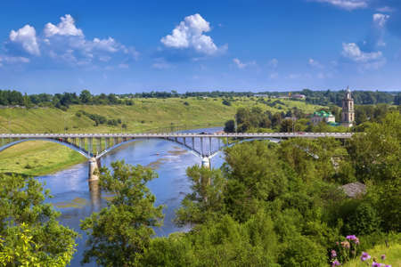 Landscape with a bridge over the Volga river in Staritsa, Russiaの写真素材