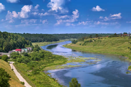 Landscape with Volga river in Staritsa, Russiaの写真素材