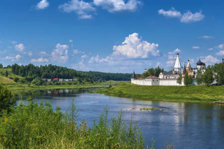 Landscape with Volga river and Dormition Monastery in Staritsa, Russiaの写真素材