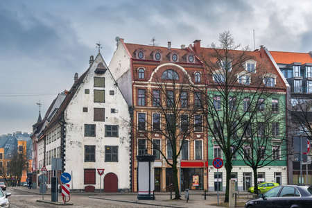 Street with the historical houses in the old town of Riga, Latviaの写真素材