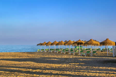 View of Beach in Torremolinos with umbrellas, Spain.の写真素材