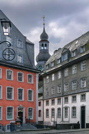 Small square in historic center of Monschau, Germanyの写真素材