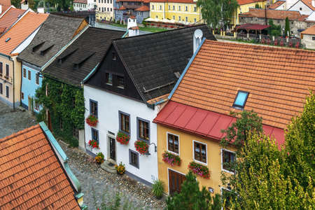 Street with historic houses in Cesky Krumlov city center, Czech republic