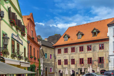 Street with historic houses in Cesky Krumlov city center, Czech republicの写真素材