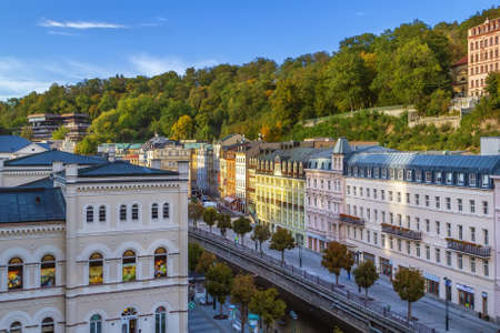 Embankment of Tepla river in the center of Karlovy Vary, Czech republicの写真素材
