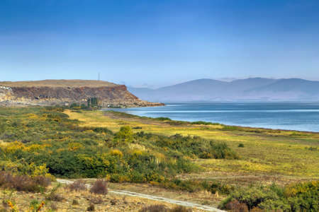 Landscape with shore of Sevan lake, Armeniaの写真素材