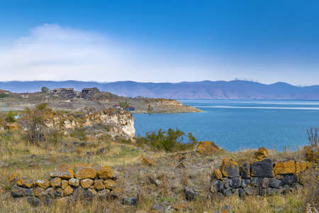 Landscape with shore of Sevan lake, Armeniaの写真素材